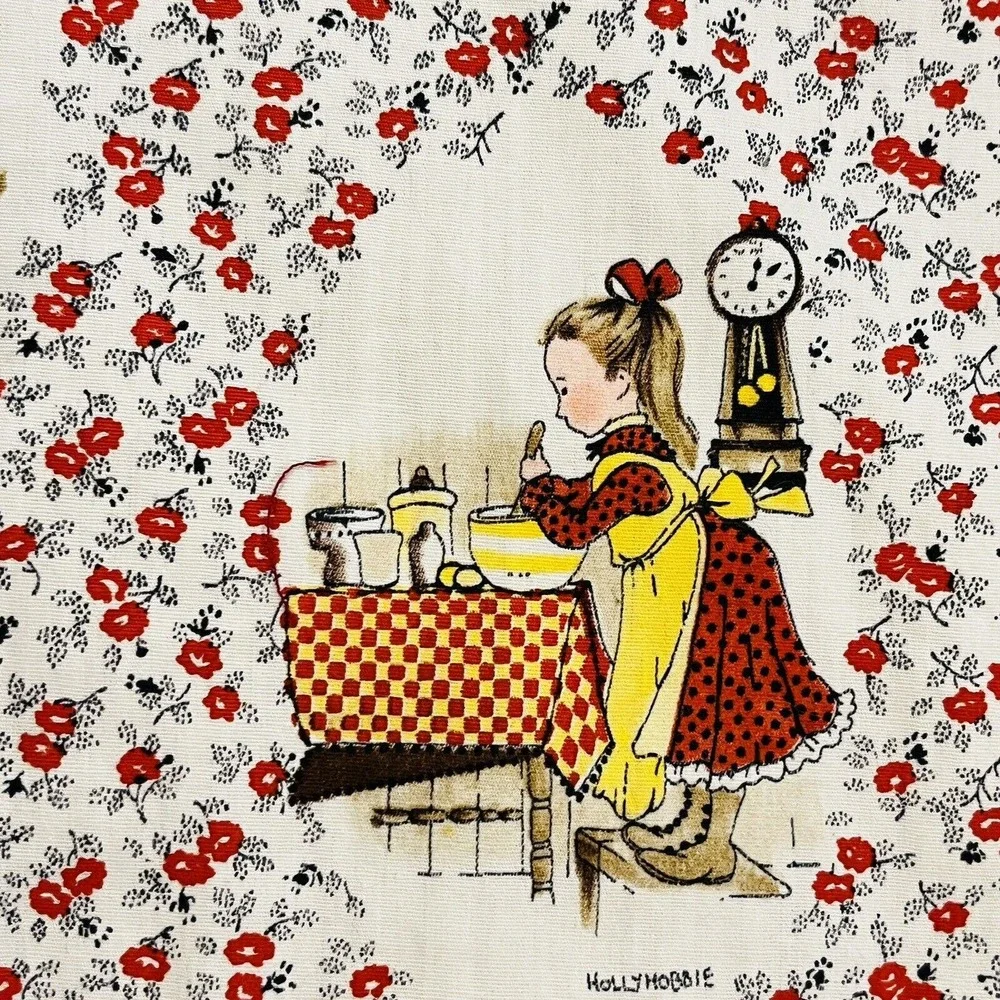 Vtg Homemade Holly Hobbie Throw Blanket Red Floral Fabric Fleece Back Tie‎ Quilt